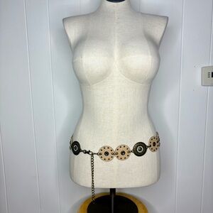 Y2K Metal and Faux Leather Circle Chain Hip Belt Rhinestones Rodeo Boho Rockstar